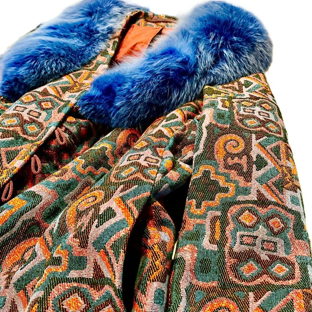 Custom Tailored in Italy Brocade Coat with Genuine Blue Fox Collar Size L - Picture 5 of 9